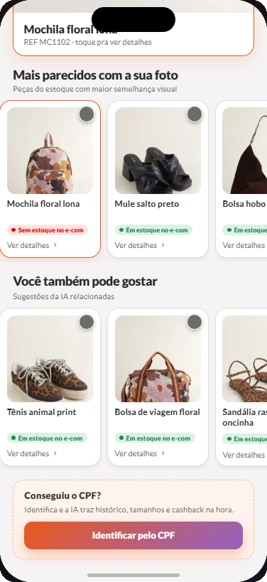 Assistente de Vendas mostrando as peças parecidas com a foto, o estoque de cada uma e as sugestões da IA