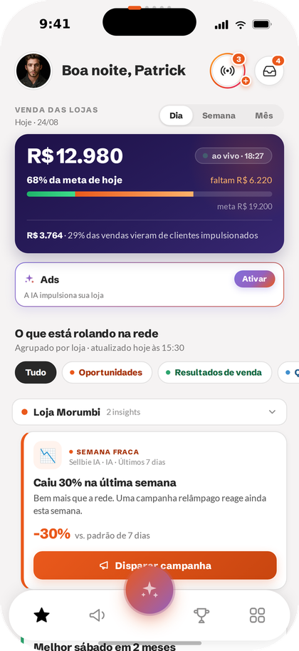Tela inicial do app do franqueado, com a venda das lojas e o Sellbie Ads