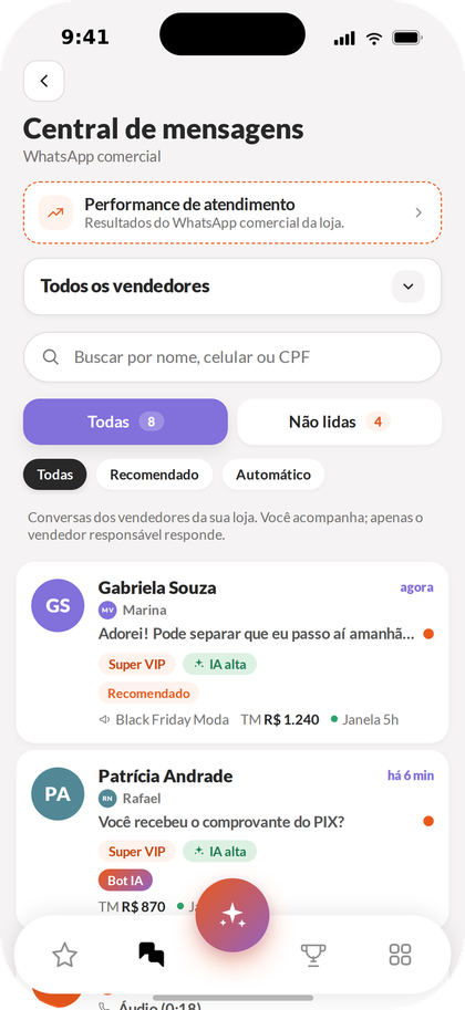 Central de mensagens do app do gerente, com as conversas de todos os vendedores da loja