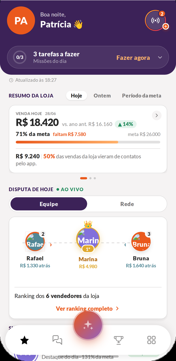 App do gerente mostrando a venda do dia, o quanto falta para a meta e a disputa entre vendedores