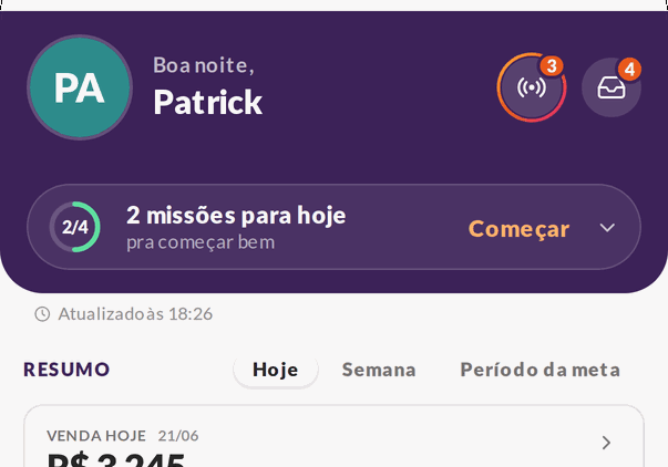 App do vendedor com as missões do dia, a venda até agora e o pódio da disputa da loja