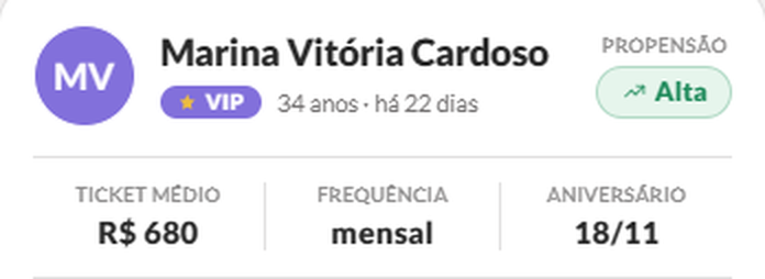 Cliente identificada, com propensão de compra alta, ticket médio, frequência e aniversário